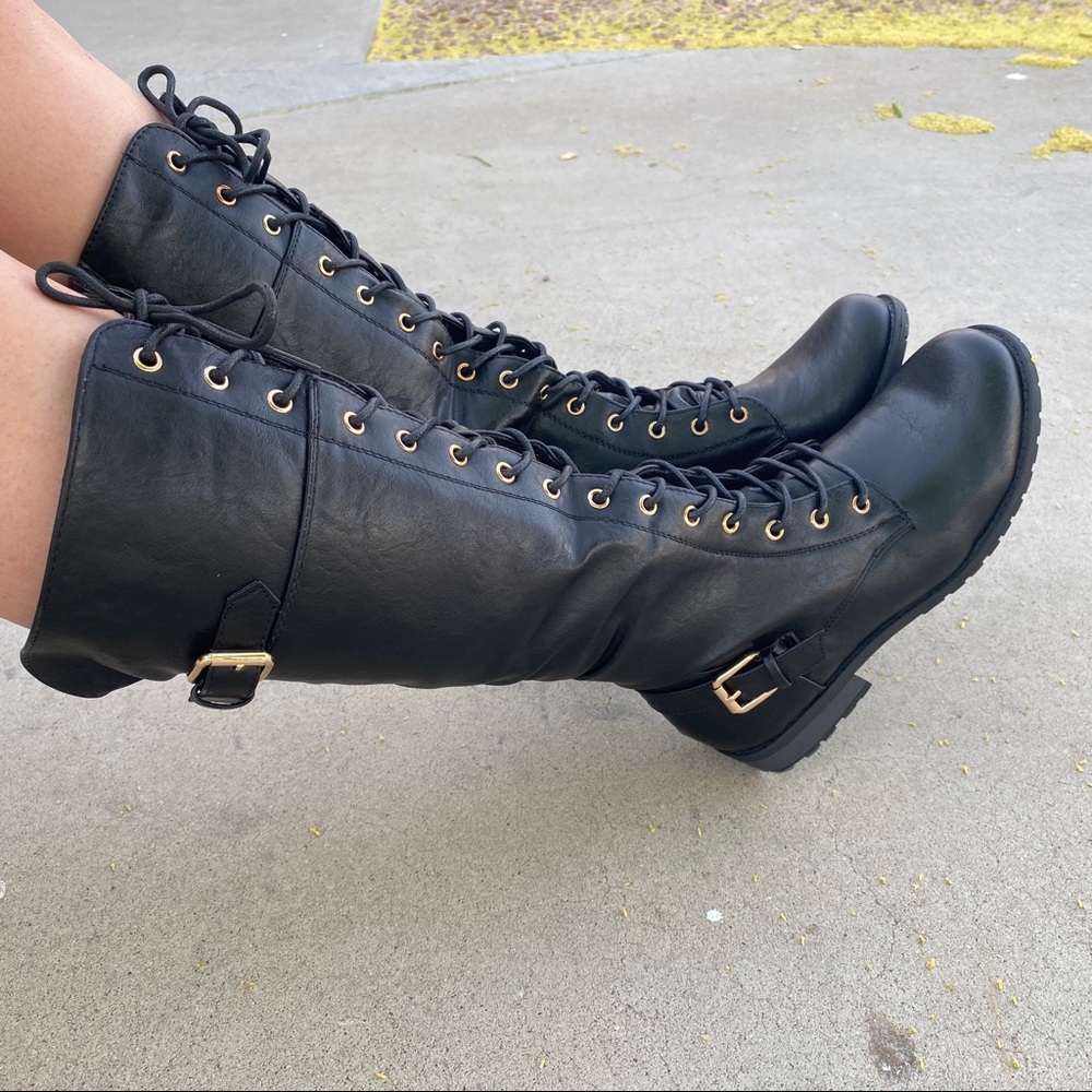 Black Lace Zip Up Knee High Vegan Leather Boots Brand New In Box